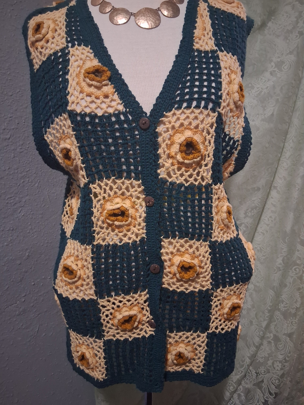 Bechamel Vintage Crochet Granny Square Button-Up Sweater Vest